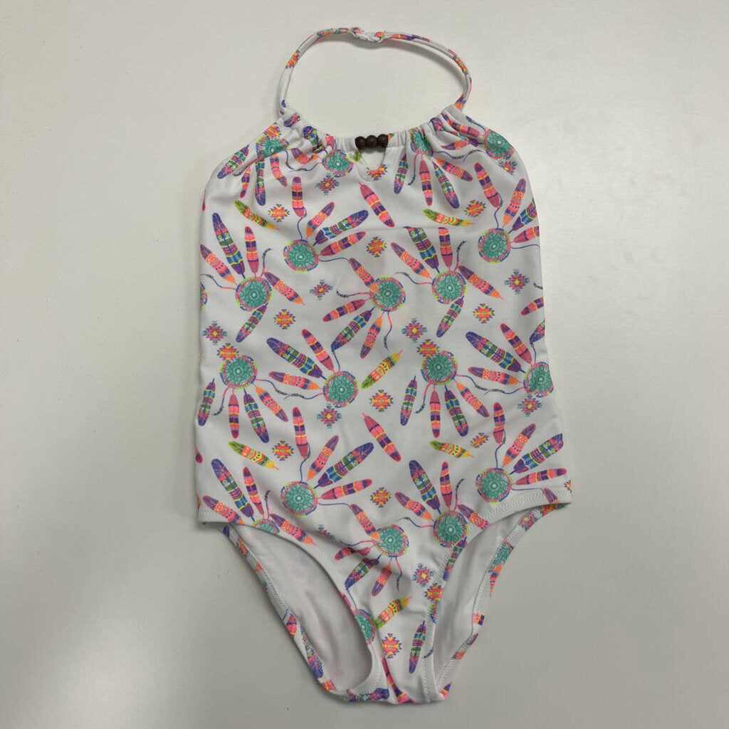 7-8: Sunuva white w/multicolor feathers imprint swimsuit