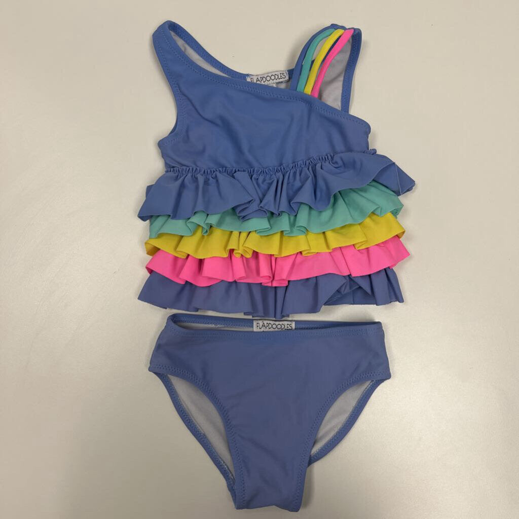 2T: Flapadoodles Blue w/ Multicolor Ruffle 2 Piece Swimsuit