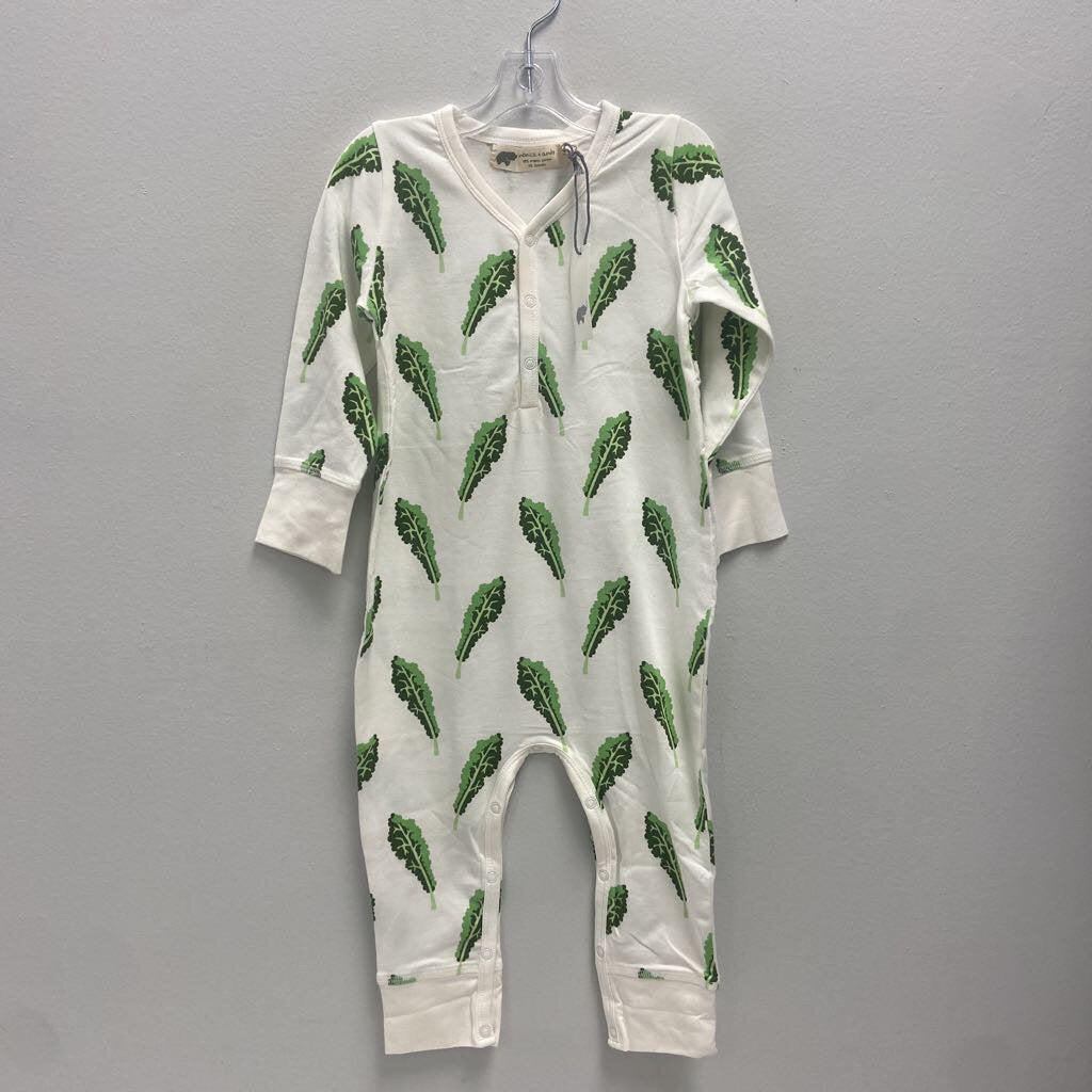18-24M: Monica & Andy White w/ Green Kale Print Coverall NWT