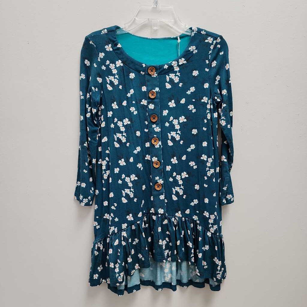 3T: Posh Peanut blue/green w/white floral print long sleeve button-up dress NWT