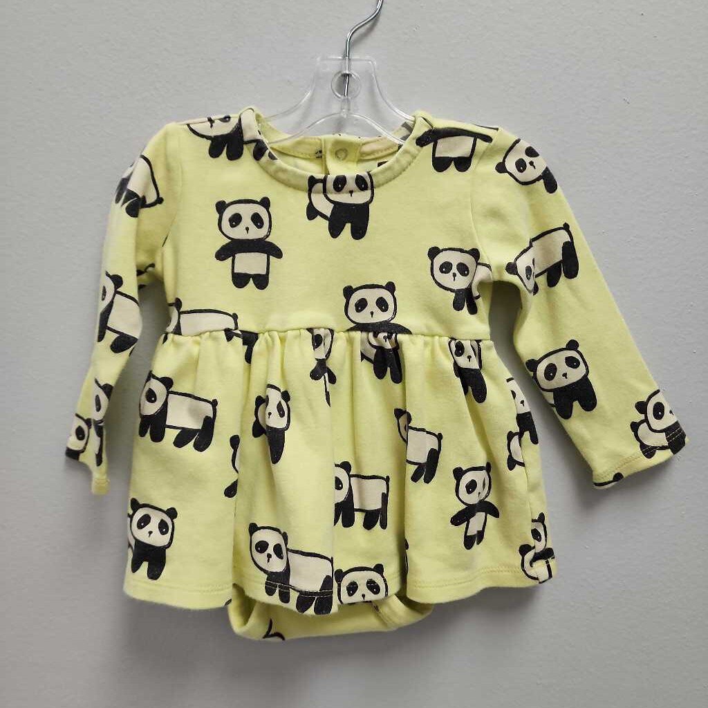 6-9M: Tea yellow panda print onesie w/ skirt