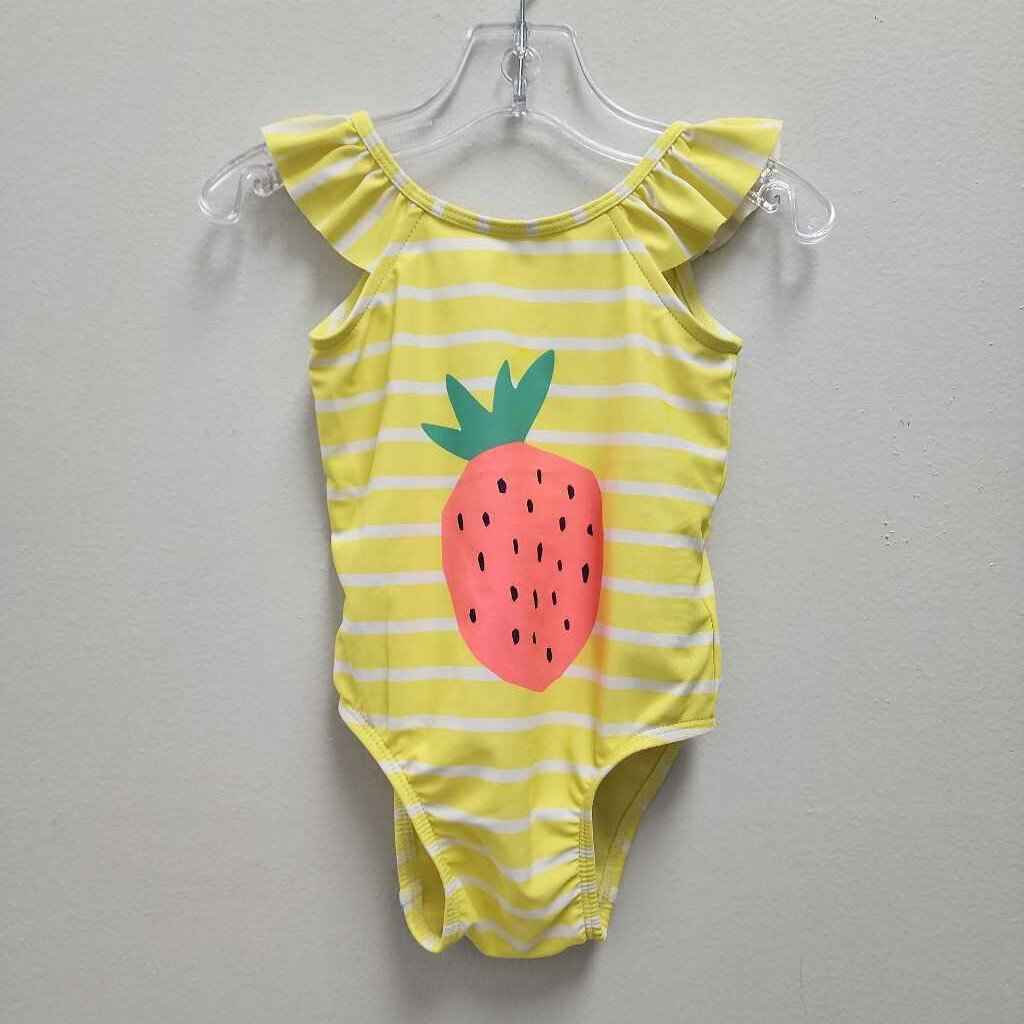 18-24M: Yellow striped w/strawberry imprint swimsuit