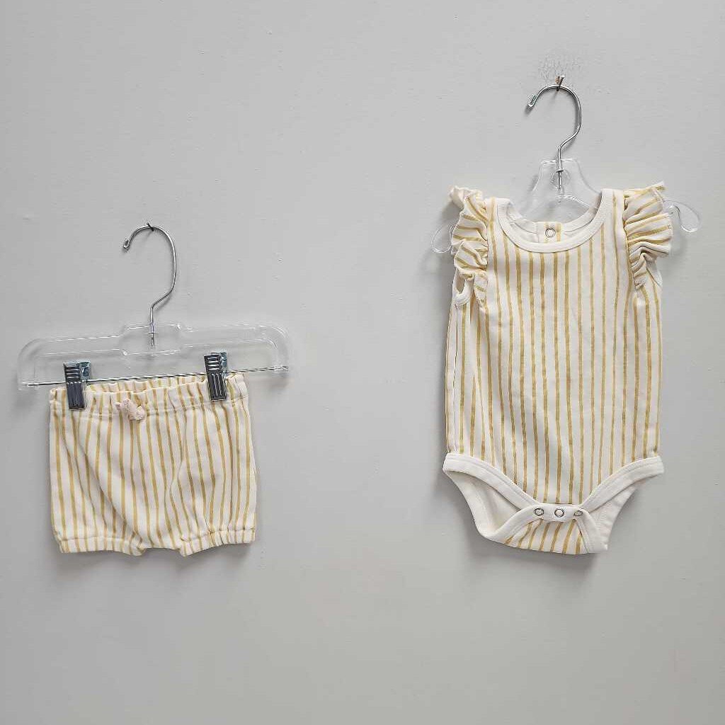 3-6M: Pehr yellow & cream striped onesie & shorts