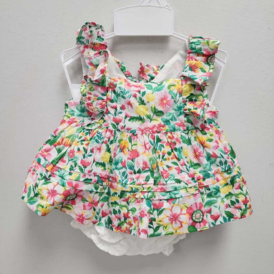 0-3M: Janie and Jack pink/yellow/green dress + diaper cover + bonnet NWT