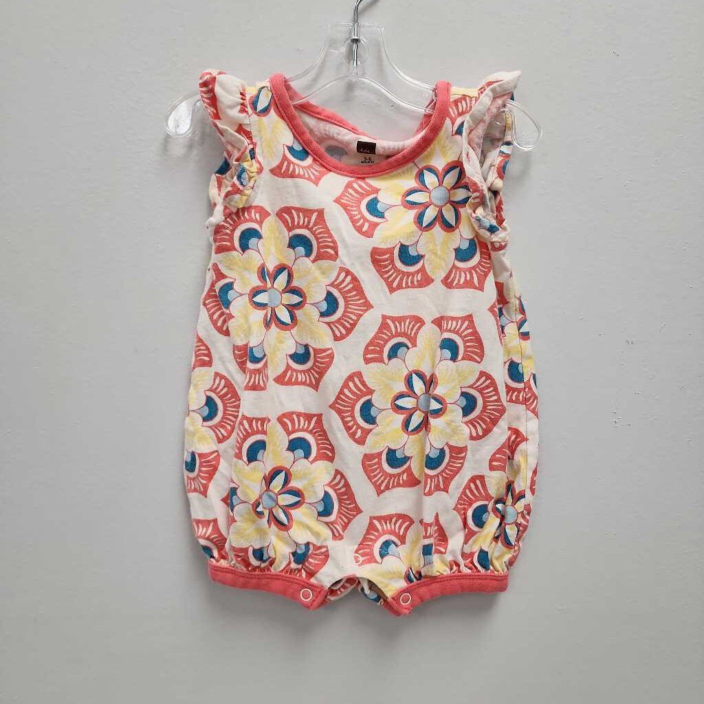 3-6M: Tea white w/yellow & blue imprint romper