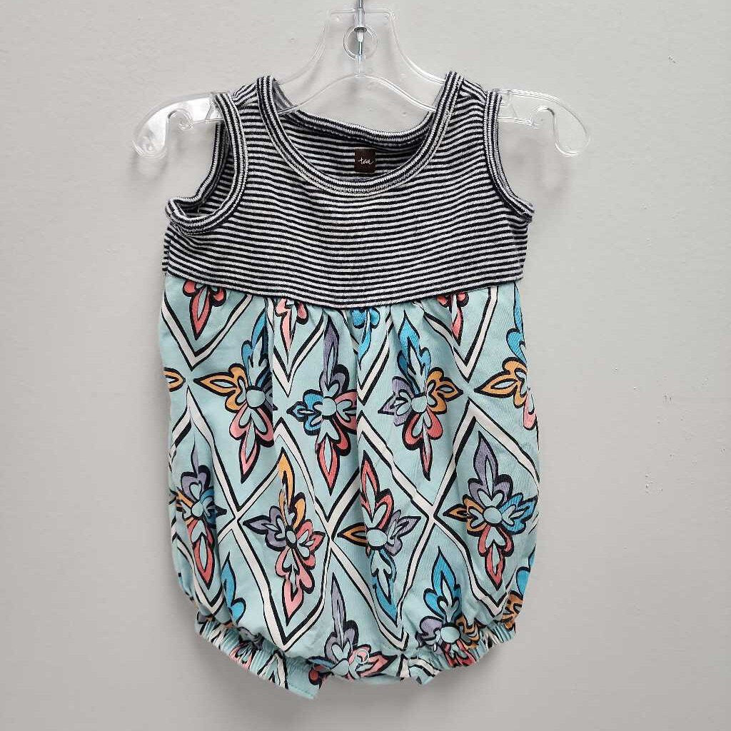 3-6M: Tea aqua w/multicolor floral print romper