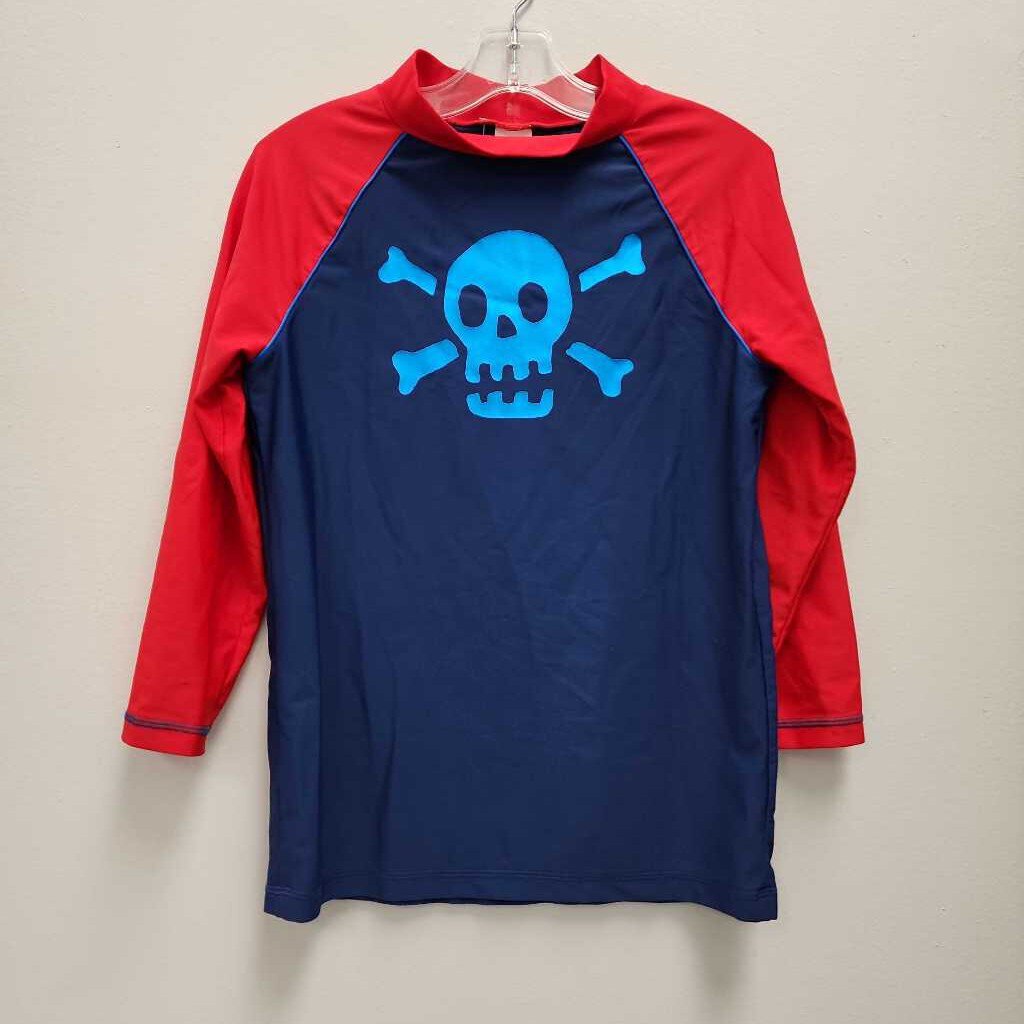 11-12: Mini Boden Blue/Red Skull & Crossbones Rash Guard