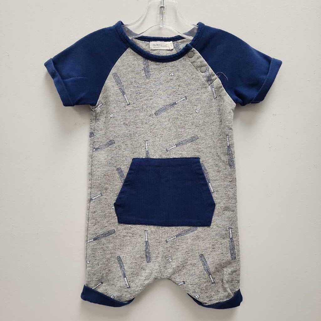 18M: Miles Blue/Gray Baseball Print Romper