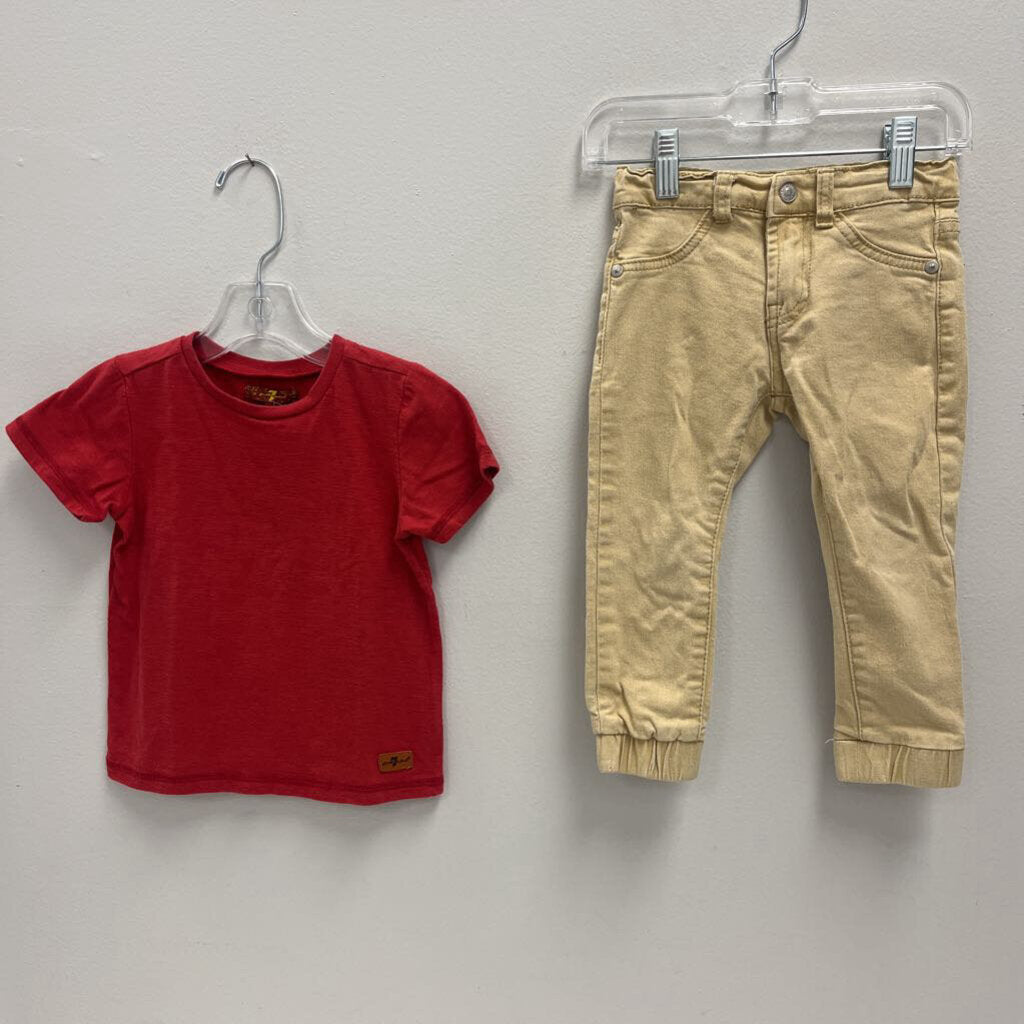 2T: 7 For All Mankind Red Tee w/ Tan Denim