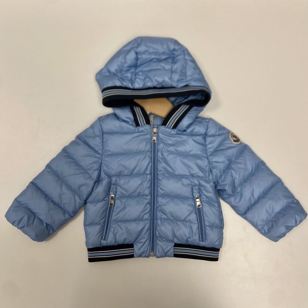 3-6M: Moncler light blue down filled hooded jacket