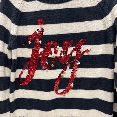 6: Joe Fresh Navy/White Striped Flip (Silver/Red) Sequin "Joy" Sweater