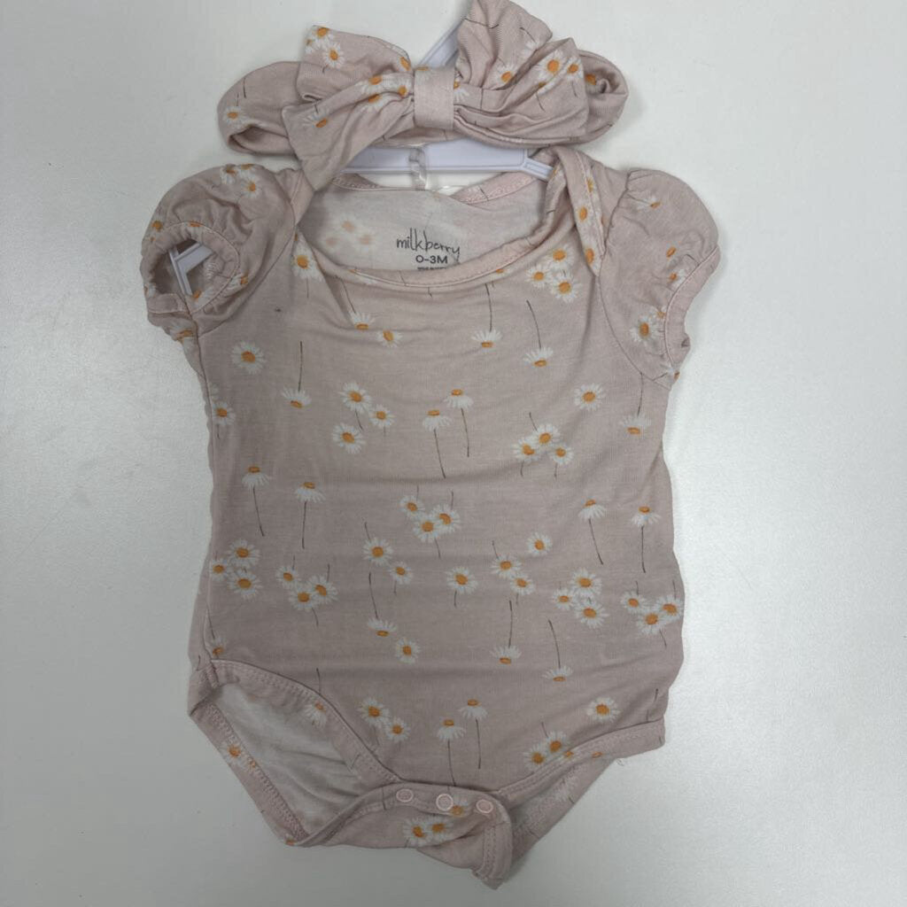 0-3M: Milkberry Pink w/ Daisy Print Bodysuit + Headband