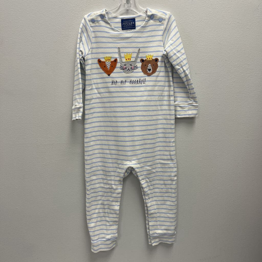 12-18M: Joules White/Blue Striped Royal Animal Applique Coverall