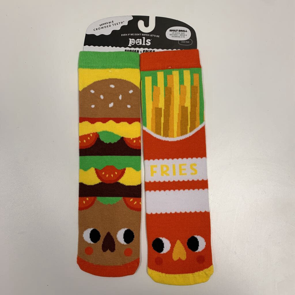 Burger & Fries - Mismatched Fun Socks (Adult Small - Shoe Size Big Kid 1-Mens 6)