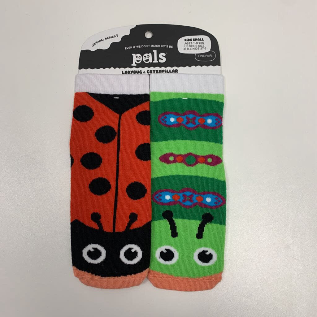 Ladybug & Caterpillar - Mismatched Non-Slip Kids Socks (Small - Shoe Size 2T-8)