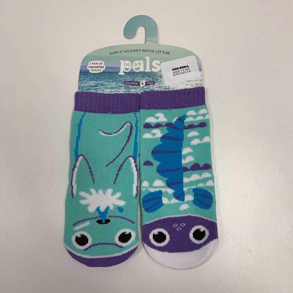 Dolphin & Fish - Mismatched Non-Slip Kids Socks (Small - Shoe Size 2T-8)