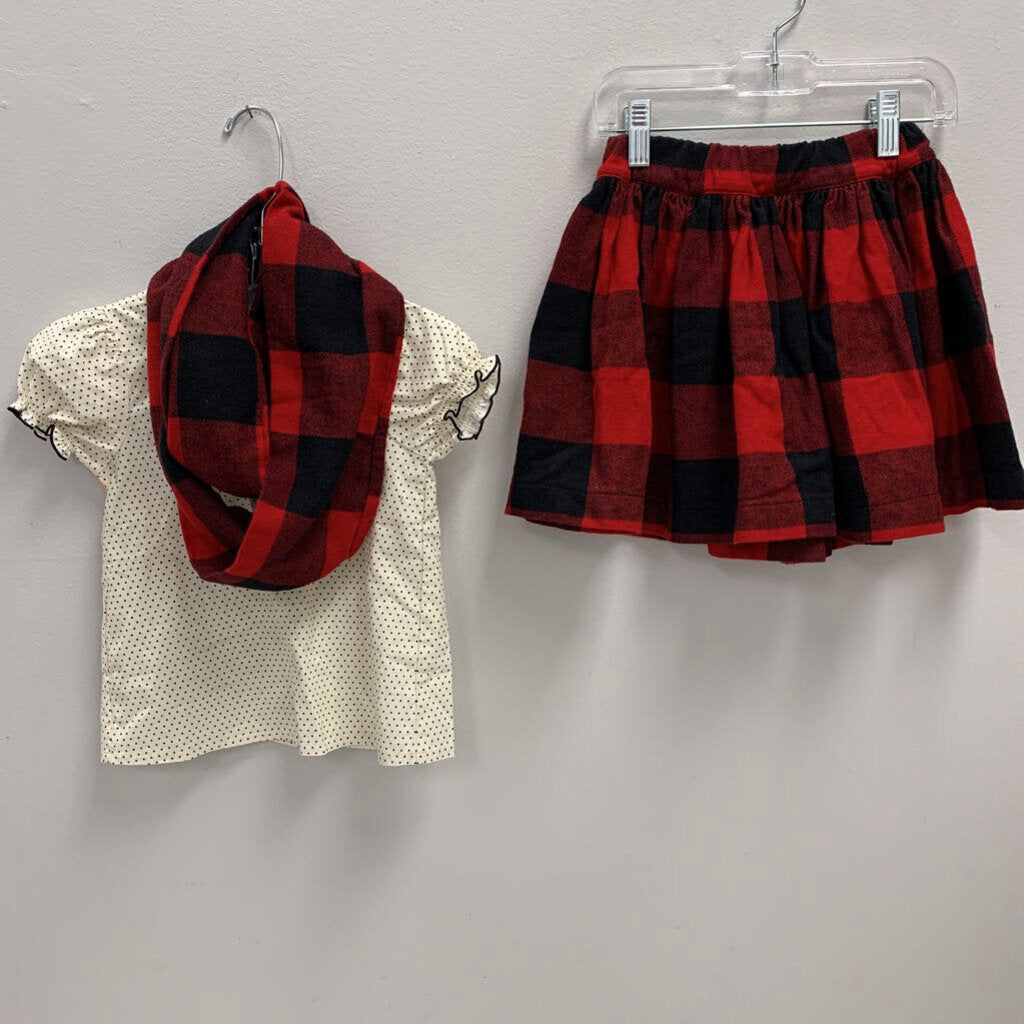 4T: Maggie May 3pc Set w/ Flannel Skirt and Scarf and Polkadotted Blouse