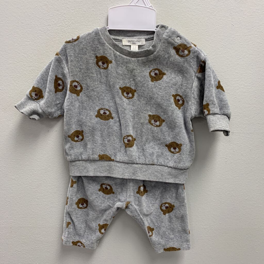 0-3M: Pure Baby fleece bear face print 2pc set