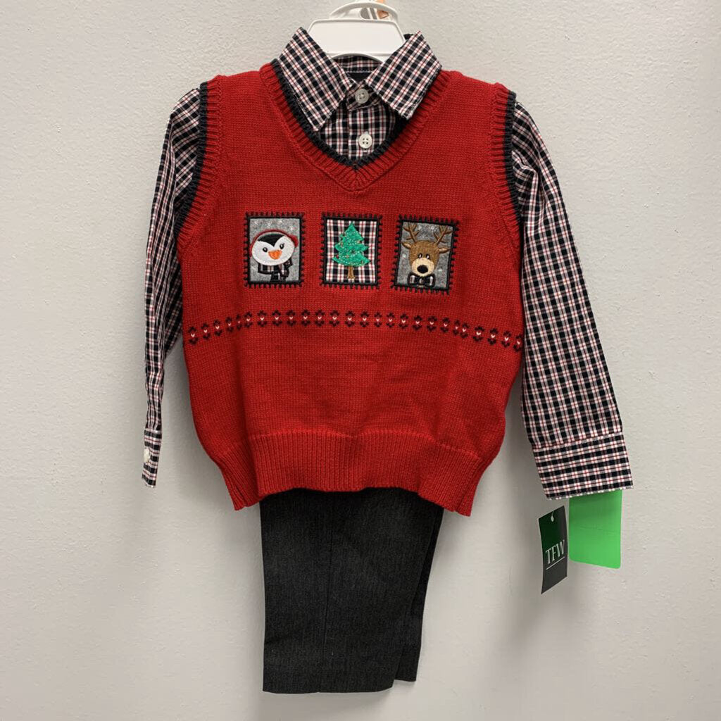 2T: TFW Plaid Collared Shirt, Pants + Christmas Vest NWT