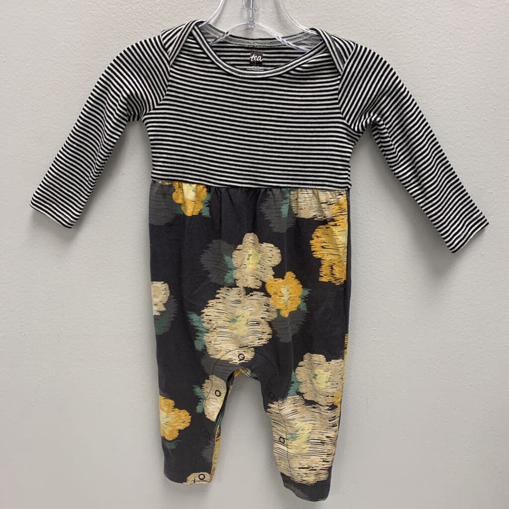 3-6M: Tea striped/floral print romper