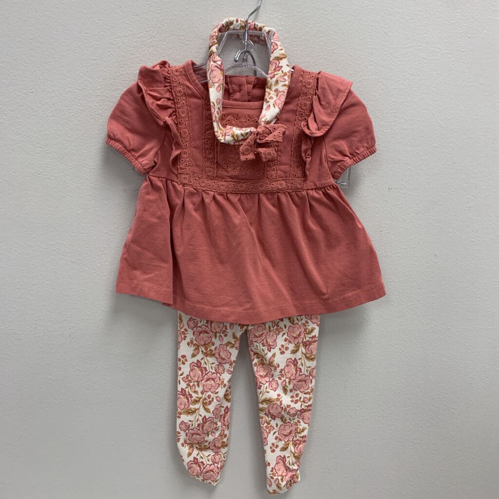 12M: Happily Grey Ruffled Blouse w/ Flower Leggings and Headband
