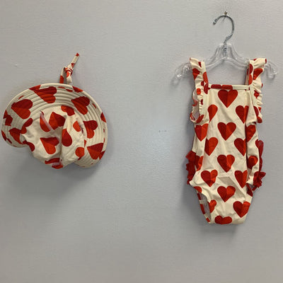 12-18M: Heart print swimsuit + sun hat