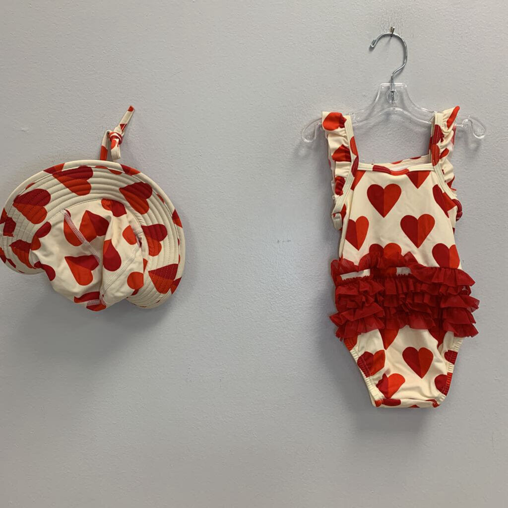 12-18M: Heart print swimsuit + sun hat