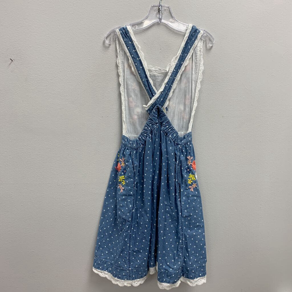 7-8Y: Mini Boden Embroidered Pinafore Dress - Chambray Pin Spot