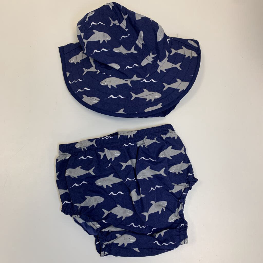 12-24M: Pottery Barn Kids dolphin print diaper cover + matching sun hat