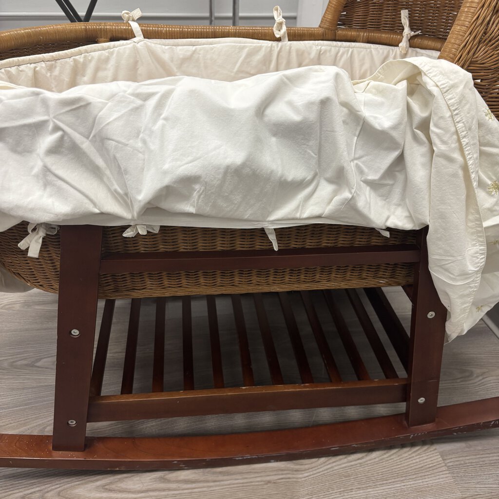 Land of Nod Bassinet w/ Wooden Rocking Base + Removable Moses Basket w/ Insert + Skirt (mattress included w/o sheet)