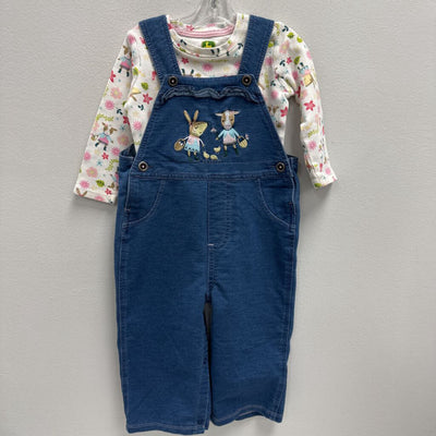 18M: floral & animal print t-shirt + embroidered animal bib overalls set