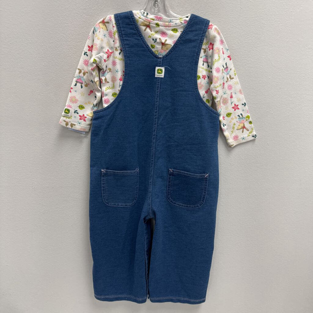 18M: floral & animal print t-shirt + embroidered animal bib overalls set