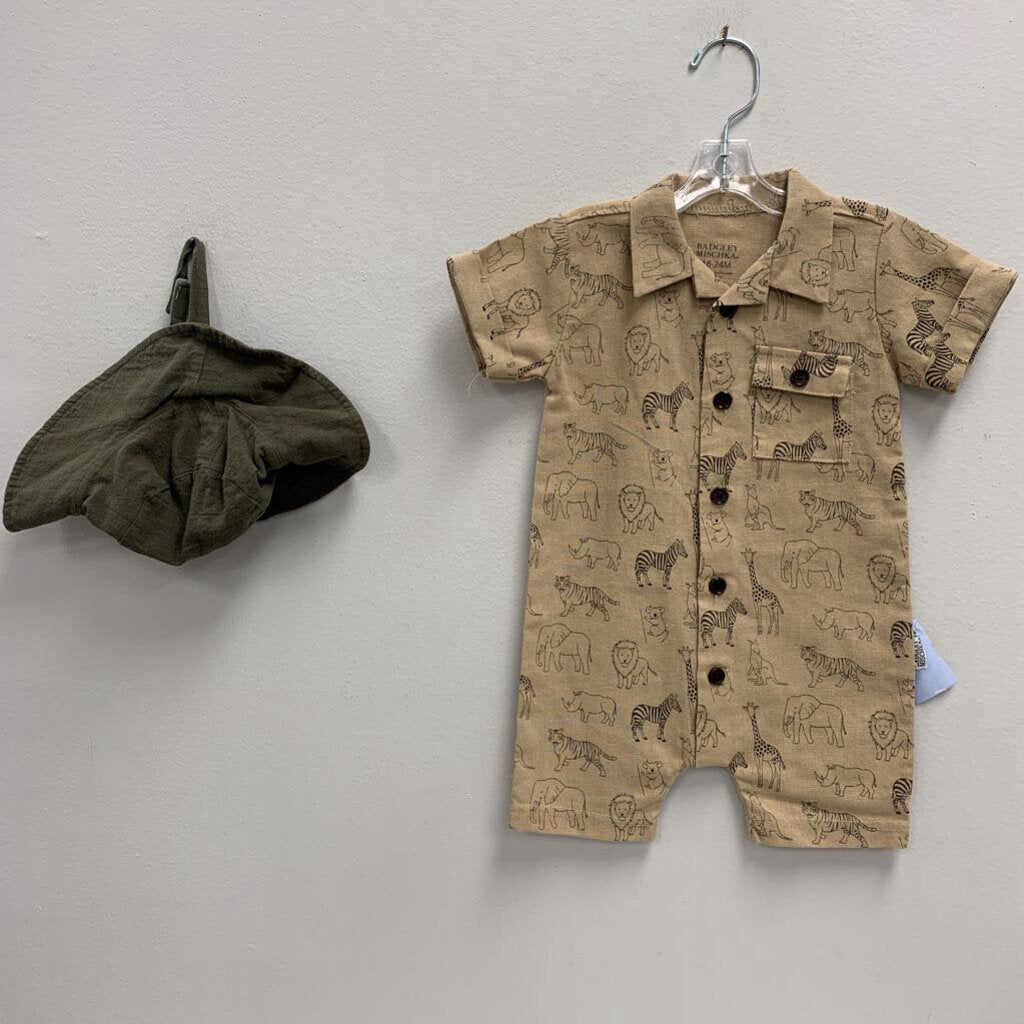 18-24M: Linen Safari Animal Romper w/ Sunhat