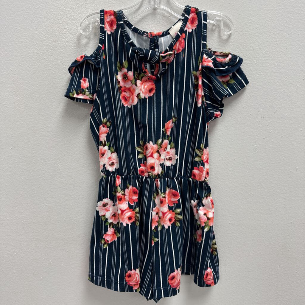 4T: Stripe & Floral Print Cold Shoulder Romper