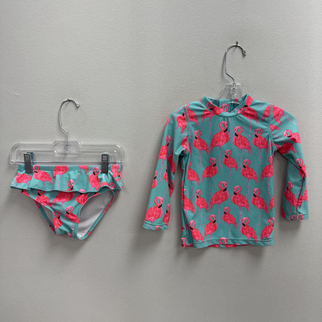 2T: Rashguard Swimsuit Set - Flamingos