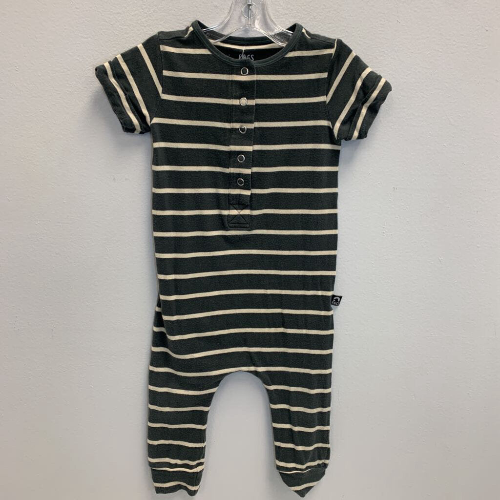 12-18M: Green & White Strip Short Sleeve Romper