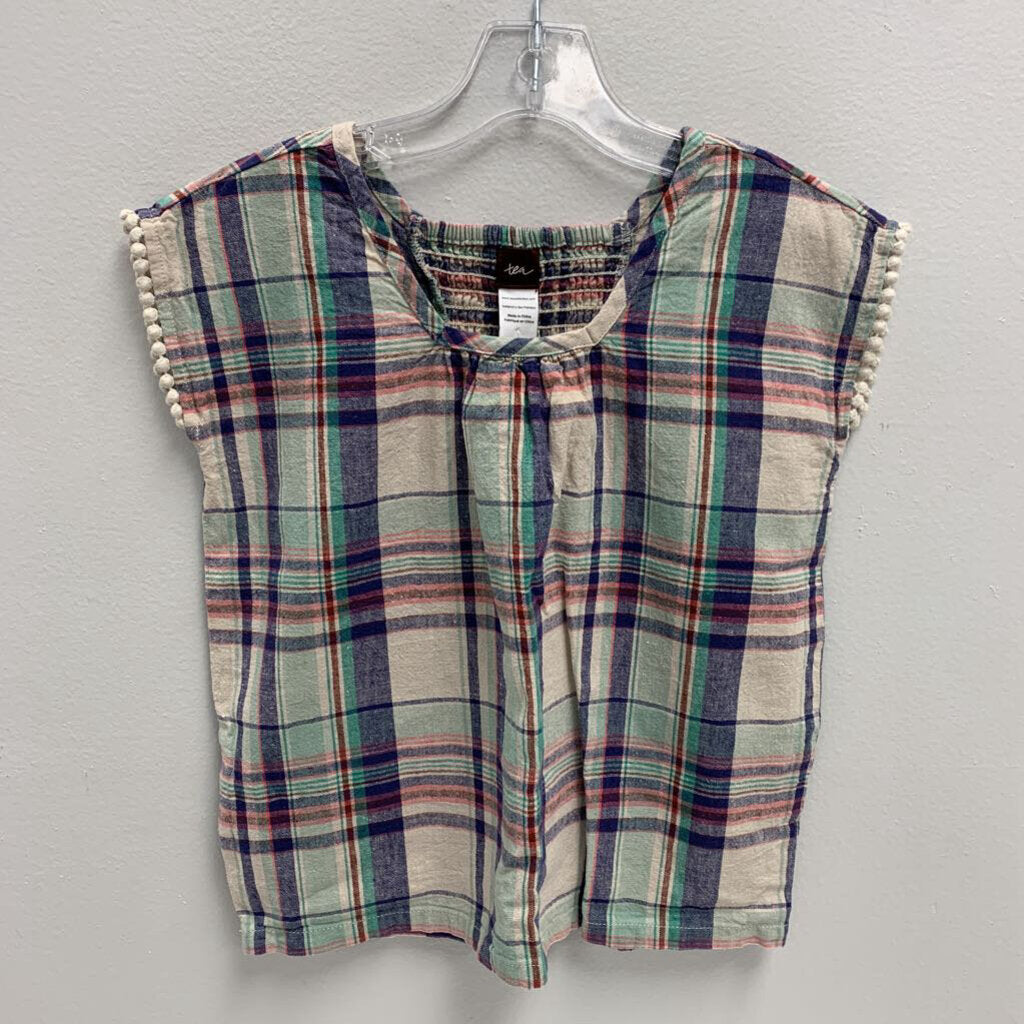 4: Plaid Pom Pom Sleeve Linen Top