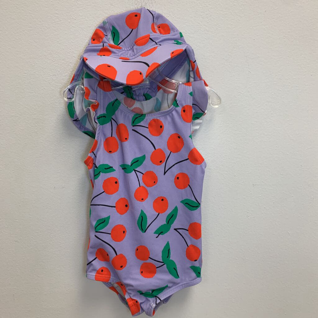 2T: Cherries Print Ruffle Sleeve Swimsuit + Sun Hat Set