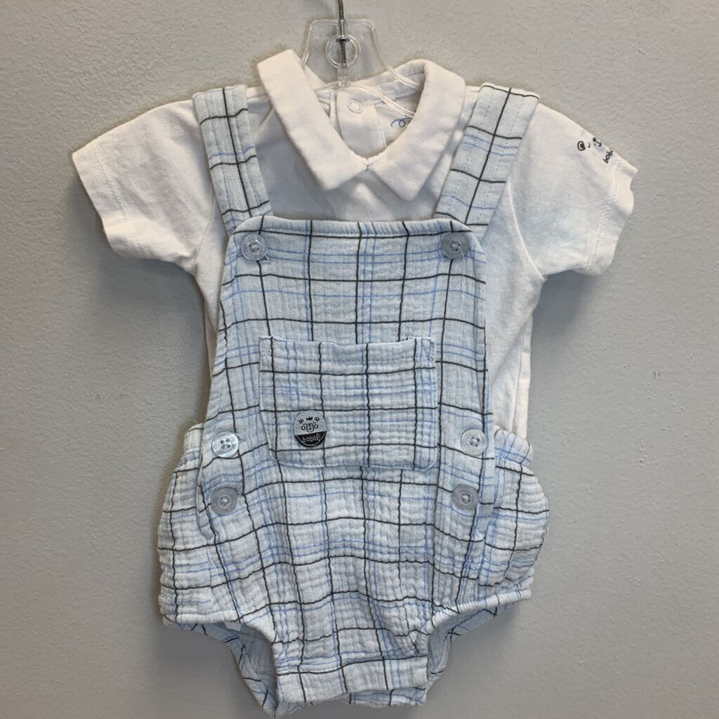 12M: Short Sleeve Shirt + Plaid Shortall Set