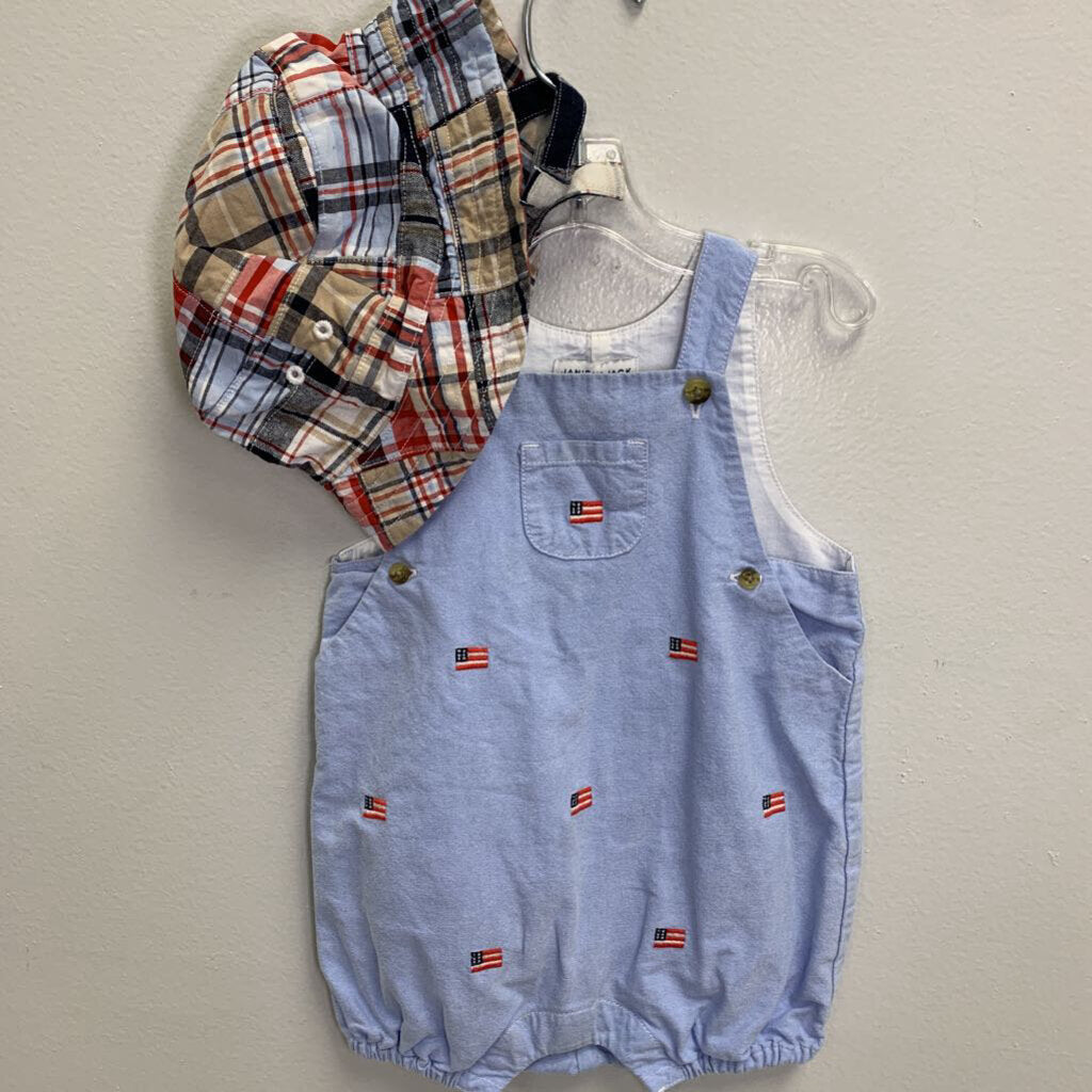 6-12M: Embroidered Flag Oxford Overall + Bucket Hat Set