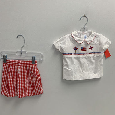 12M: Smocked Patriotic Shirt + Gingham Shorts Set
