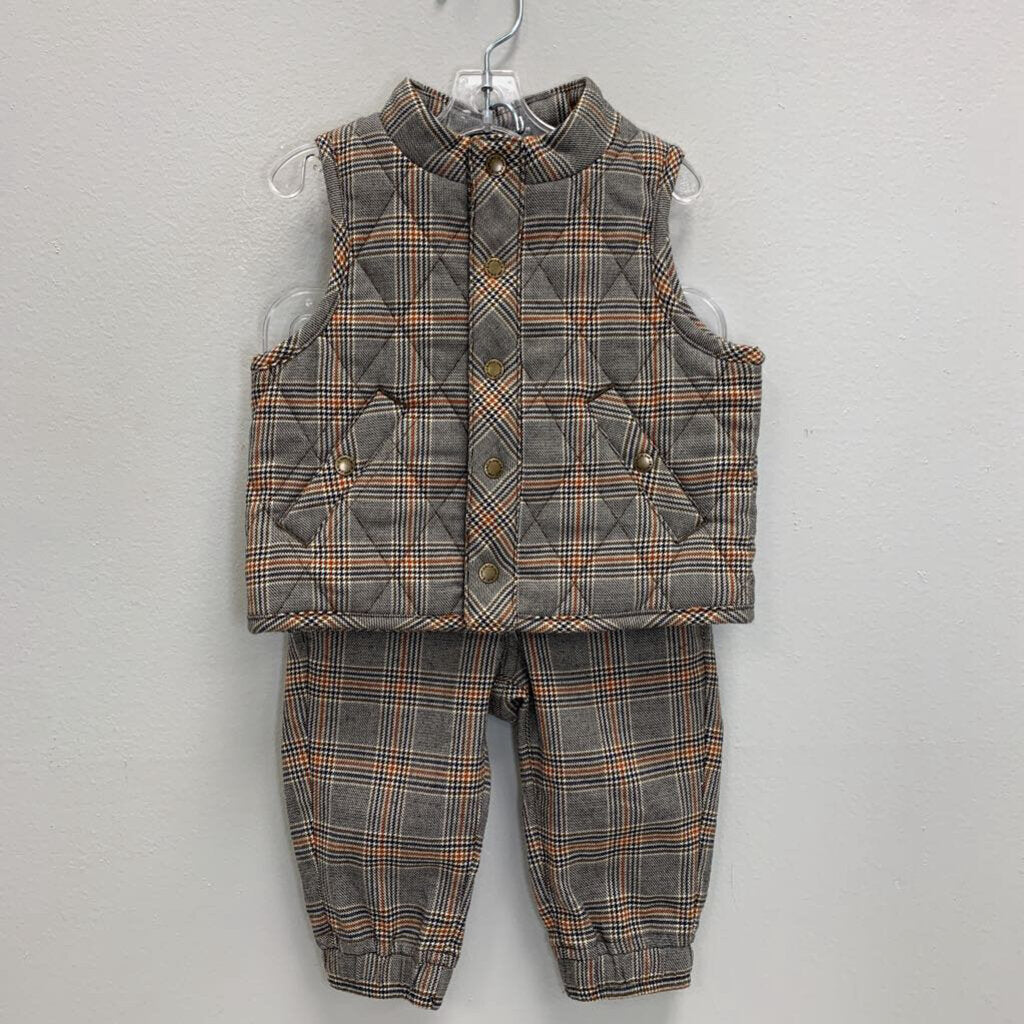 6-12M: Glen Plaid Quilted Puffer Vest + Sartorial Joggers