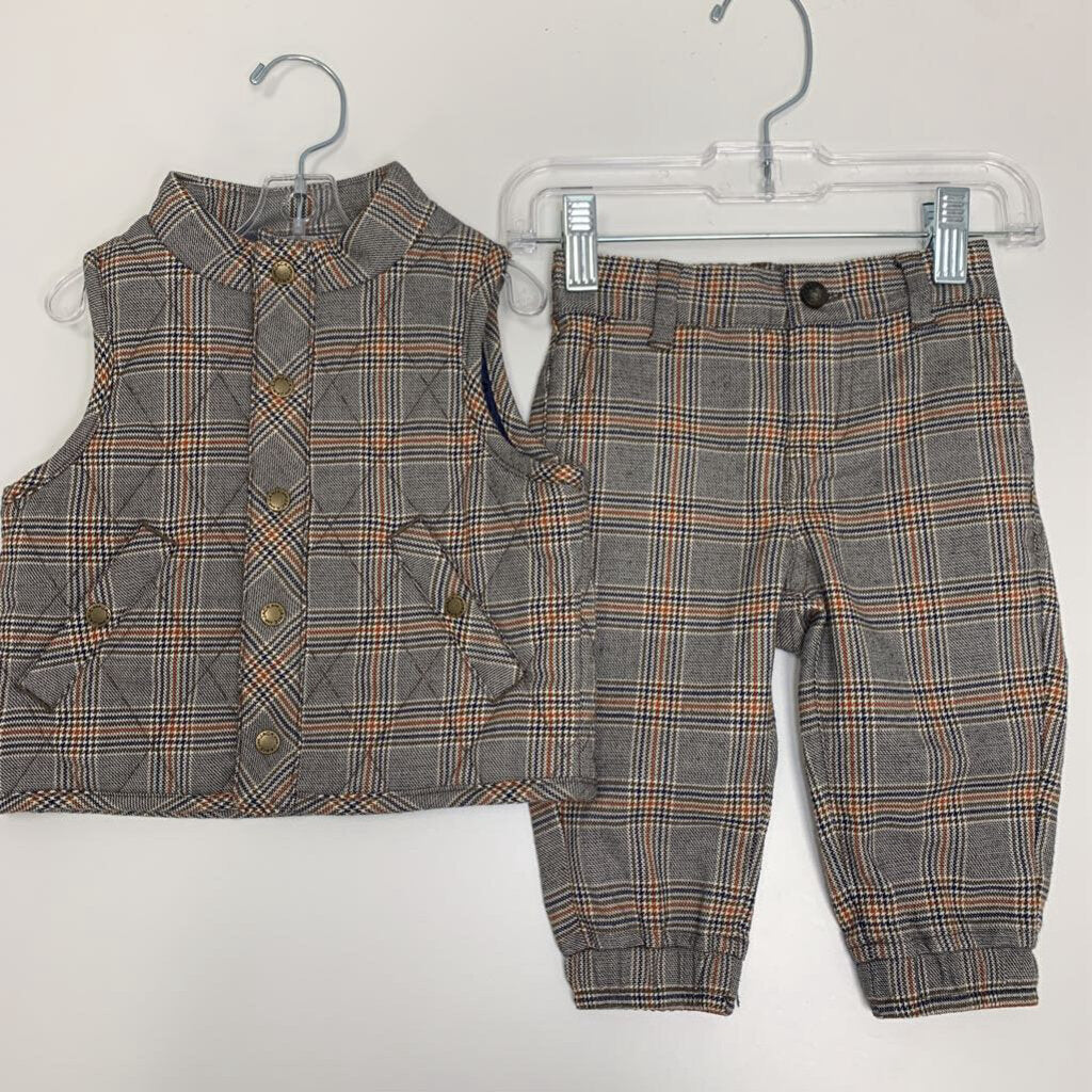 6-12M: Glen Plaid Quilted Puffer Vest + Sartorial Joggers