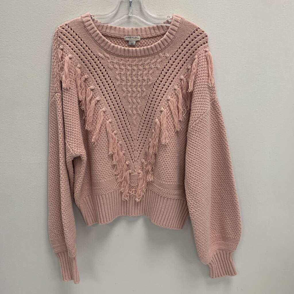 12: Fringe Trim Drop Shoulder Cable Knit Sweater