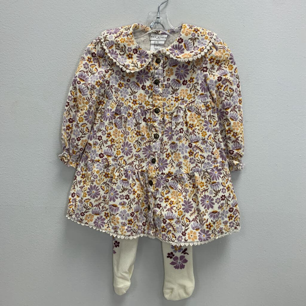 12M: Floral Soft Corduroy Collared Dress+ Knit Floral Tights
