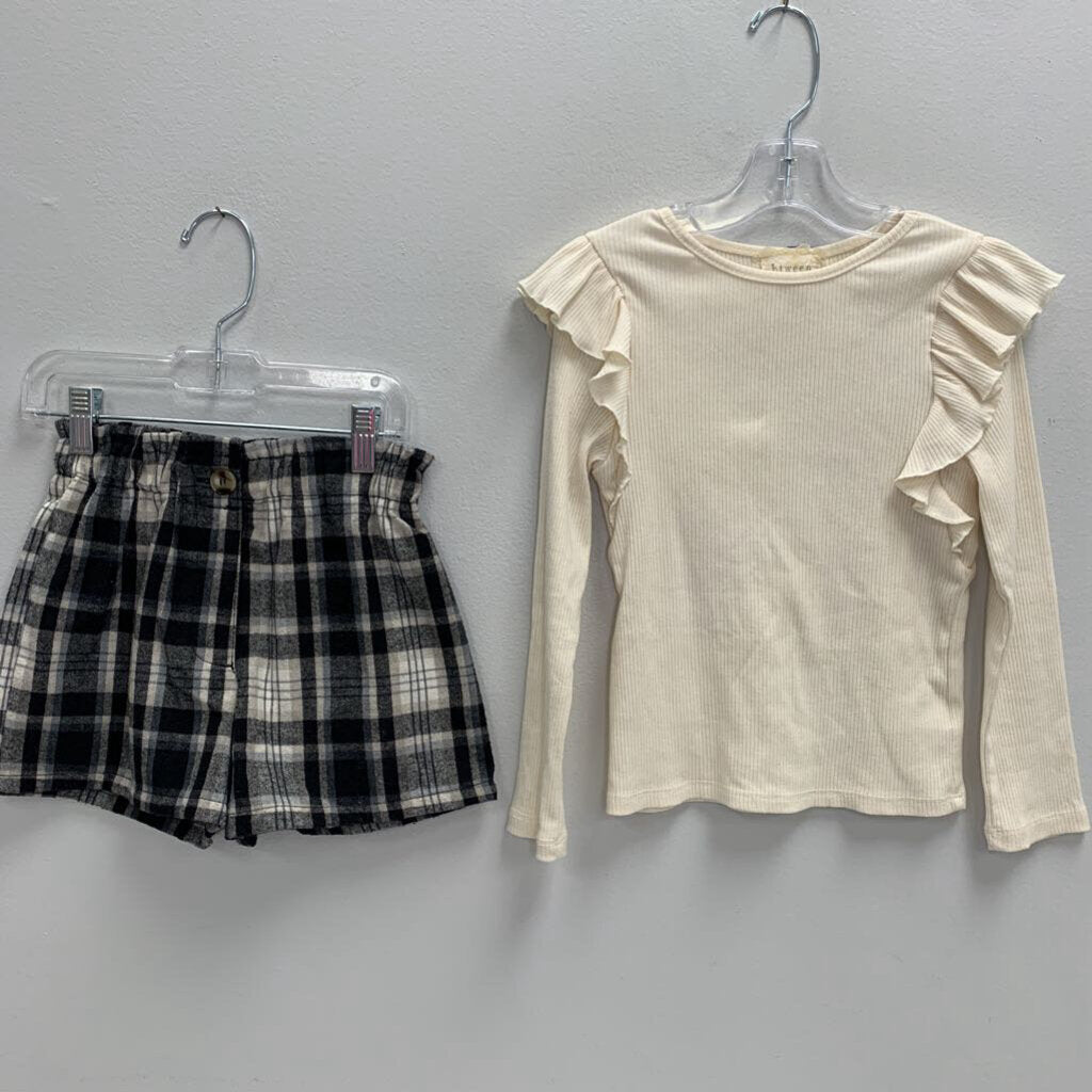 6: Ribbed Ruffle Shoulder Top + Flannel High Waist Shorts