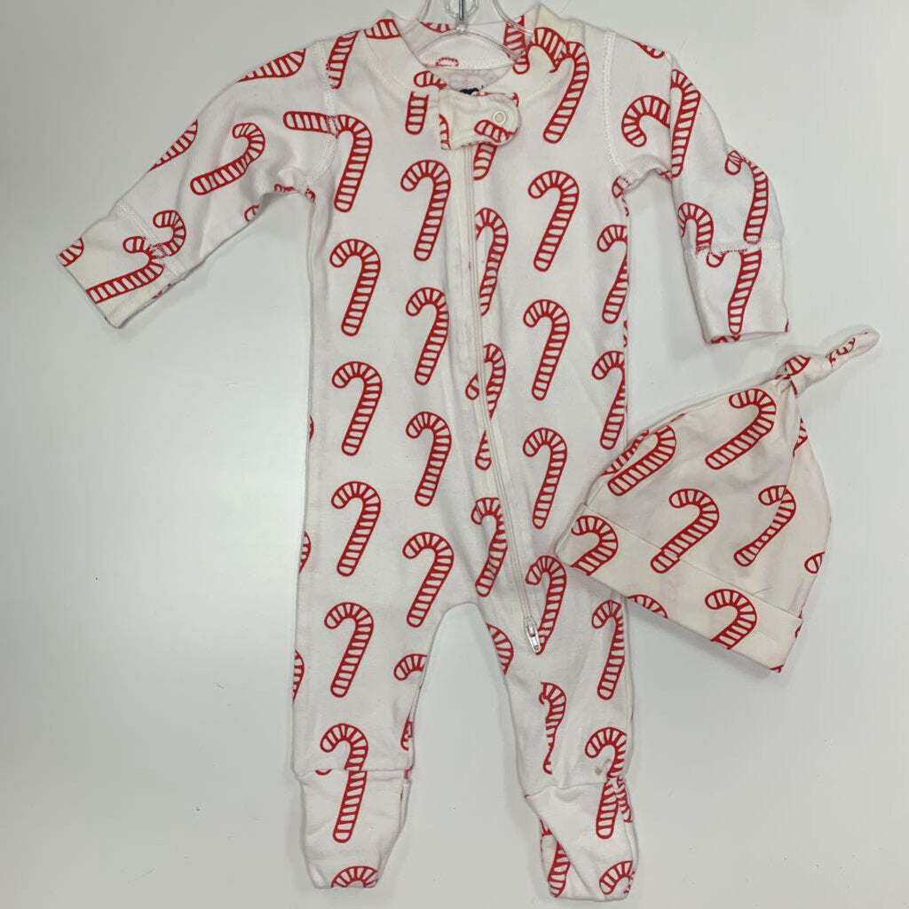 0-3M: Candy Cane Footie Sleeper + Knotted Crib Cap