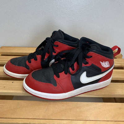 13: Jordan 1 Mid Black Gym Red (PS) Sneakers