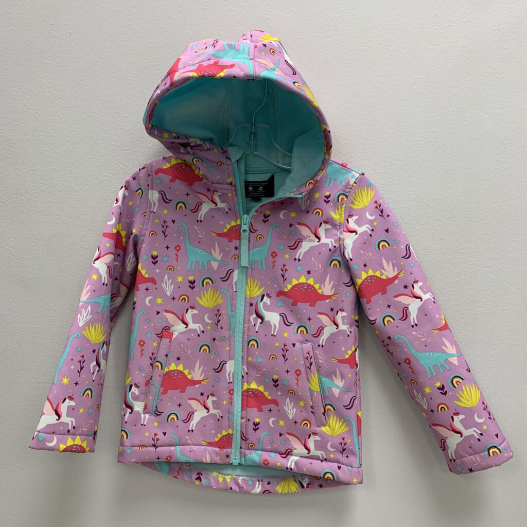 5-6: Fleece Lined Waterproof Jacket - Unicorns + Dinosaurs