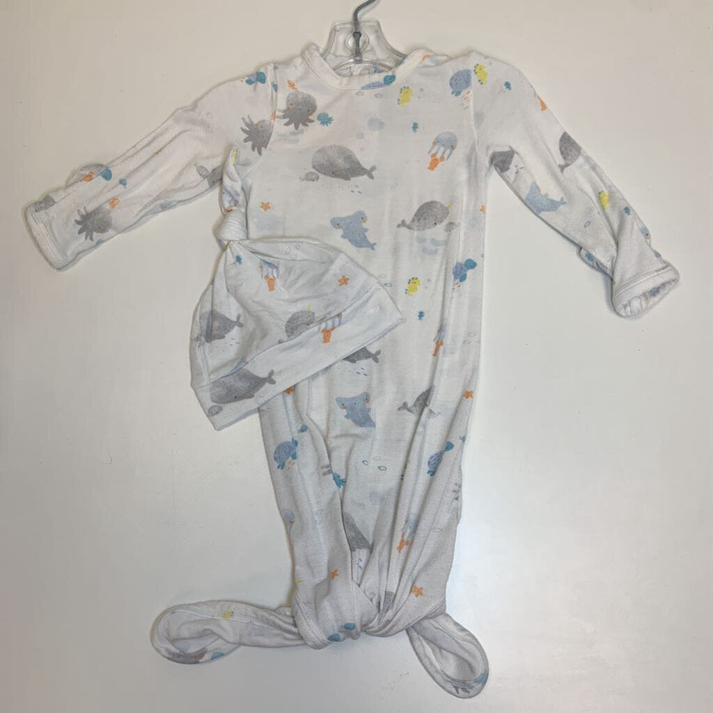 0-3M: Knotted Gown + Cap - Ocean Animals